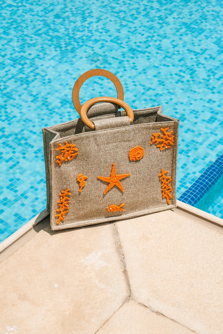 Seaside Crochet Embellished Jute Tote