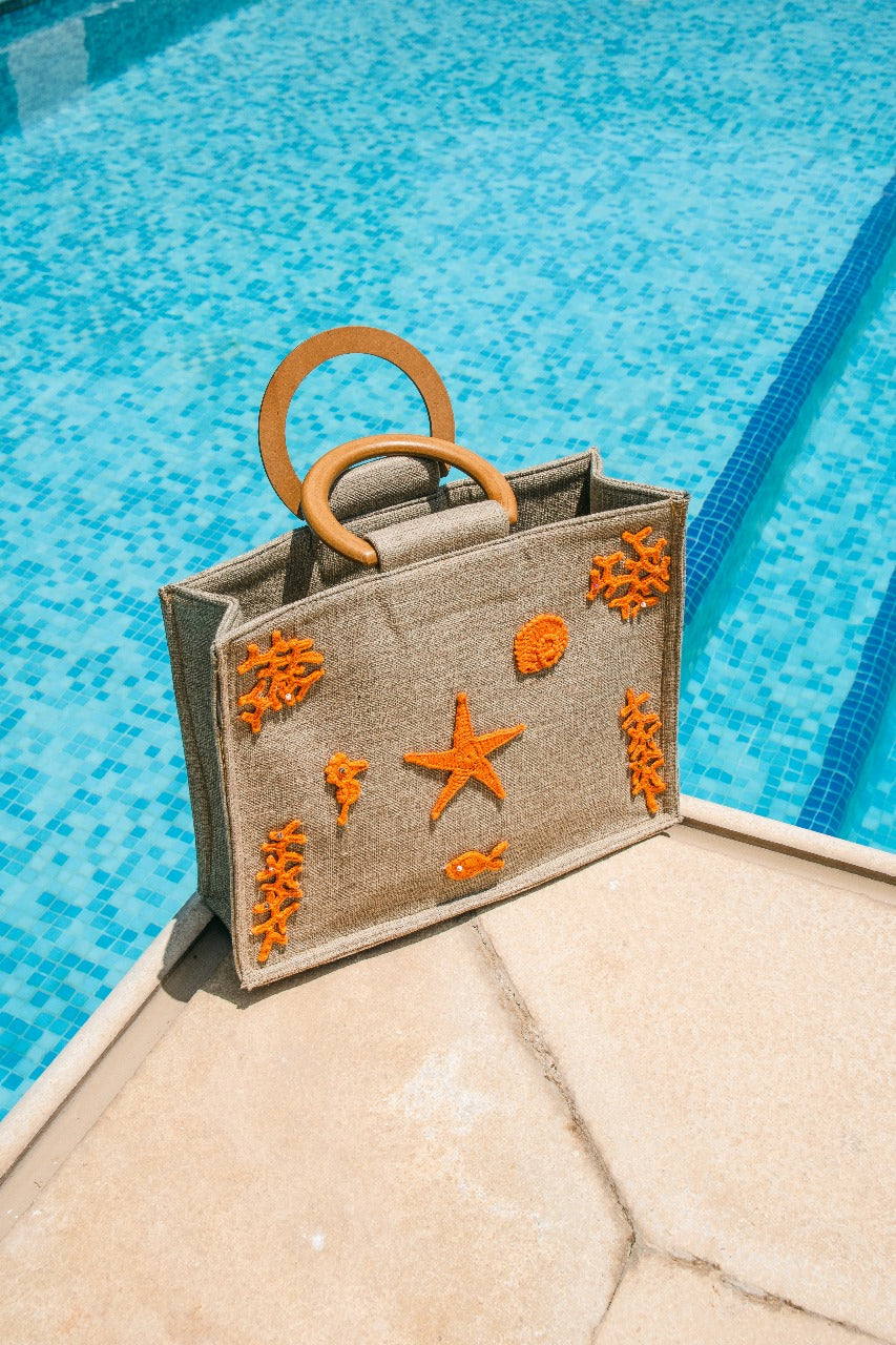 Seaside Crochet Embellished Jute Tote