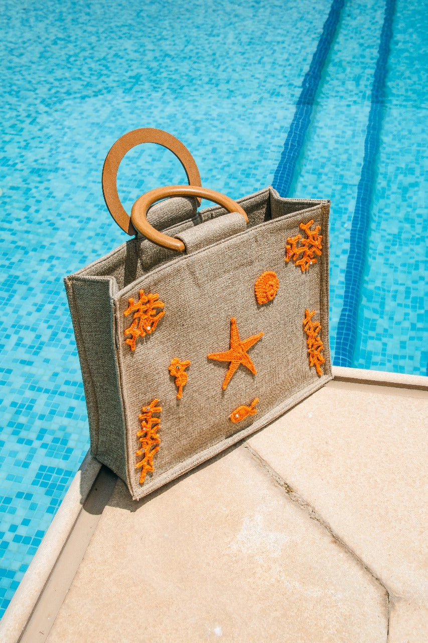 Seaside Crochet Embellished Jute Tote