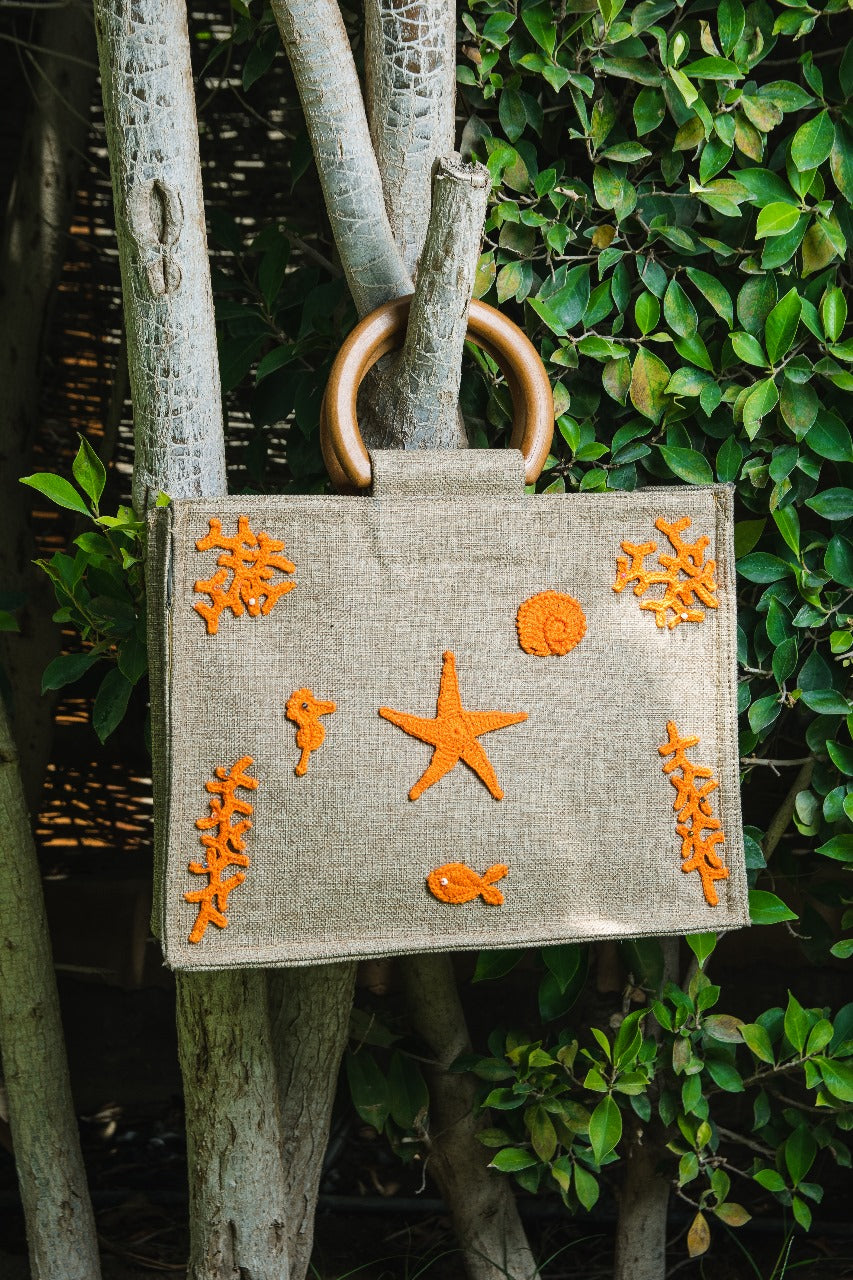 Seaside Crochet Embellished Jute Tote