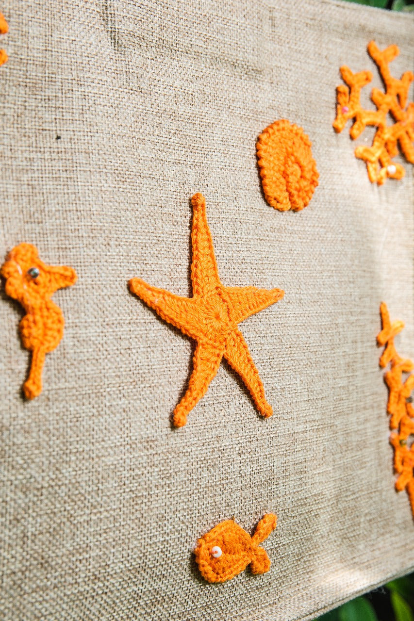 Seaside Crochet Embellished Jute Tote