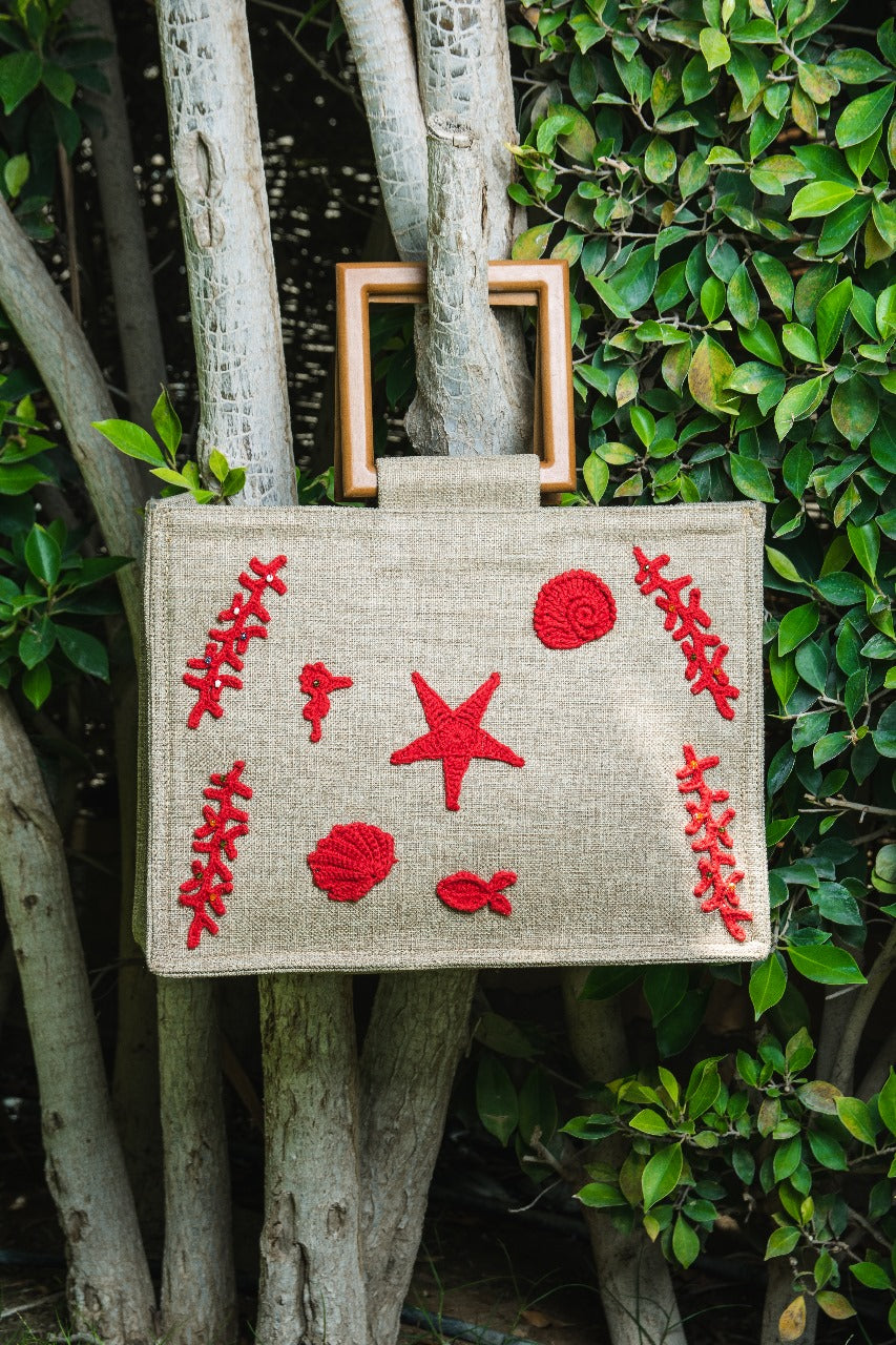 Seaside Crochet Embellished Jute Tote Bag (Red)