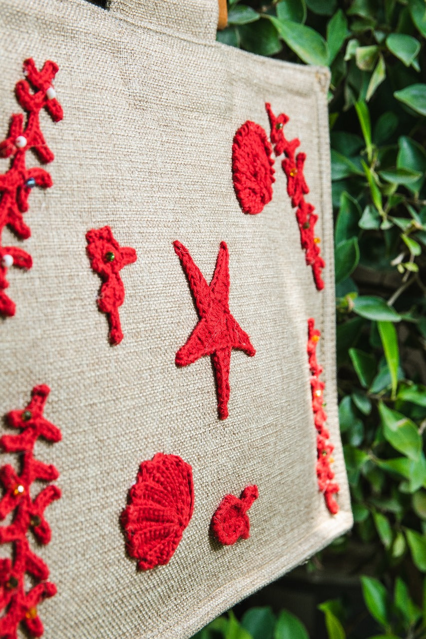 Seaside Crochet Embellished Jute Tote Bag (Red)
