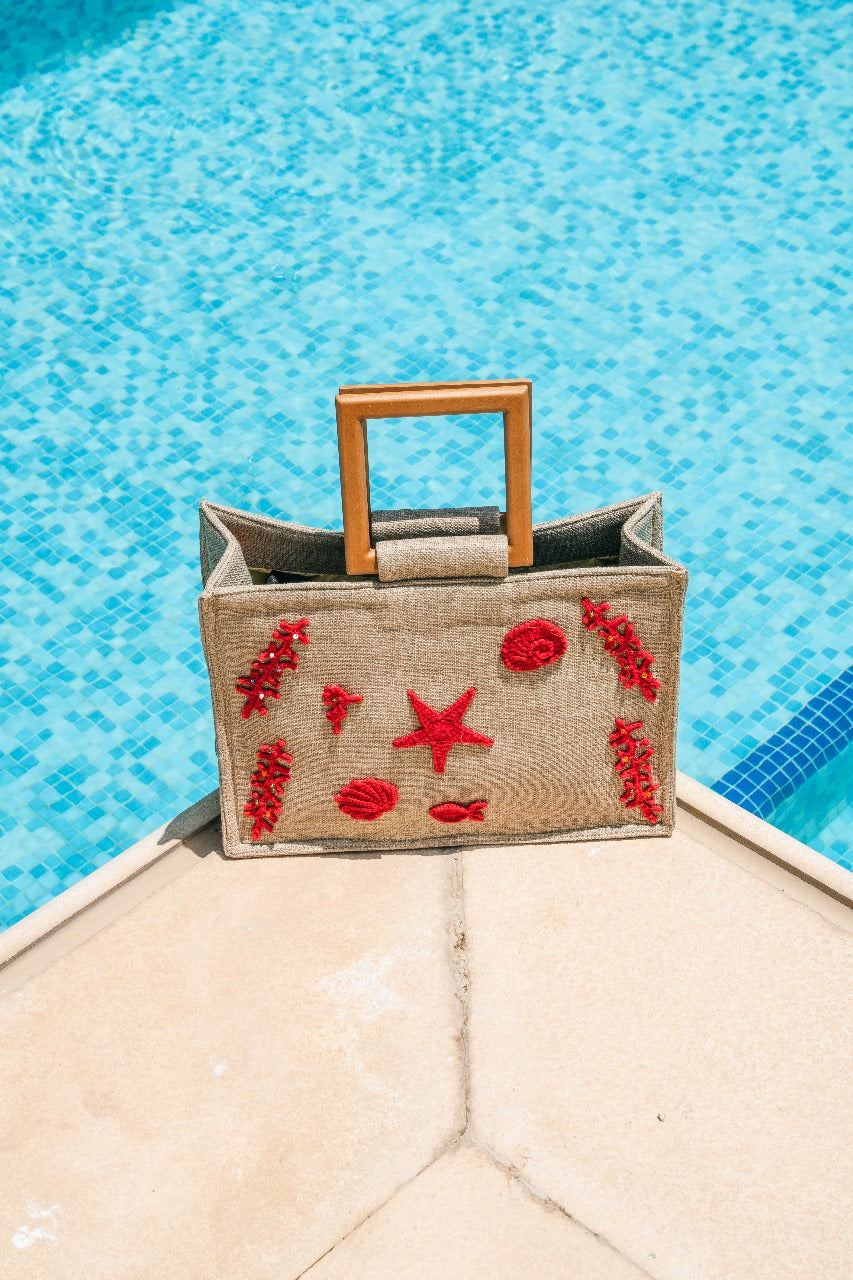 Seaside Crochet Embellished Jute Tote Bag (Red)