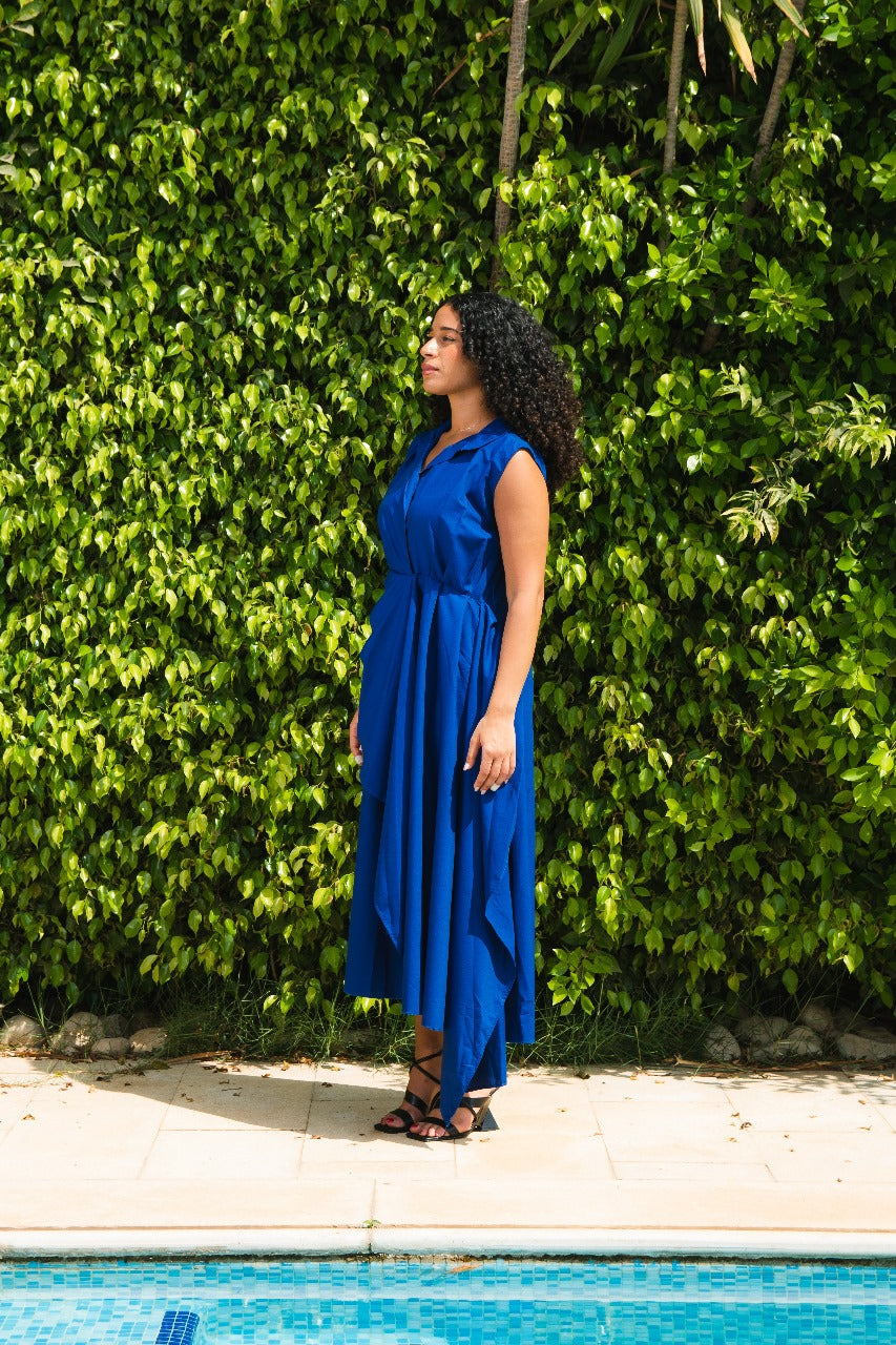 Azure Draped Collared Midi Dress