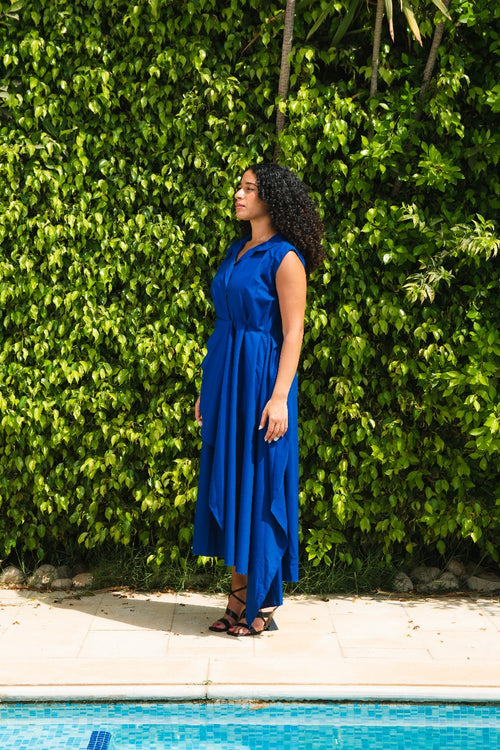 Azure Draped Collared Midi Dress