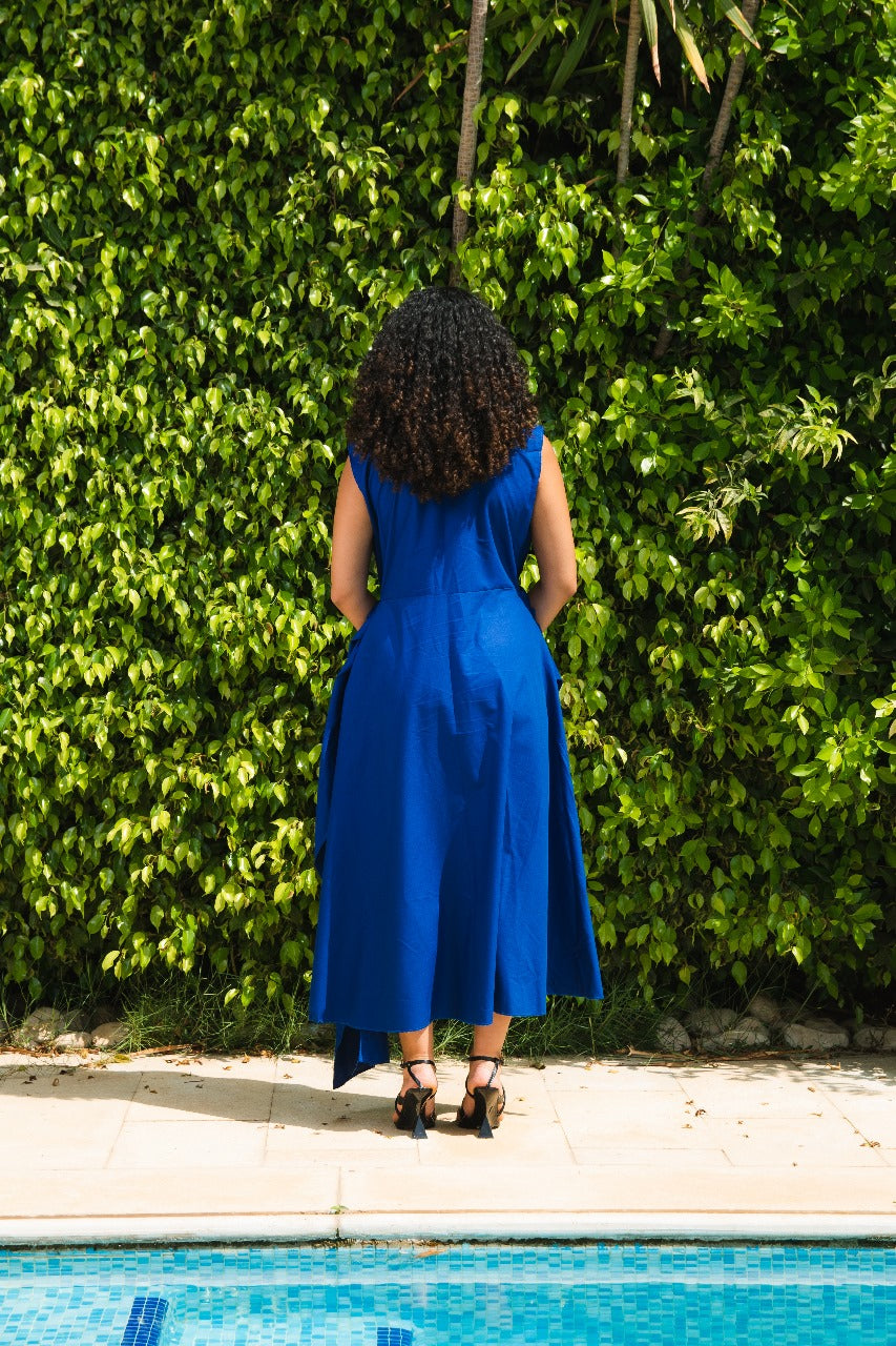 Azure Draped Collared Midi Dress