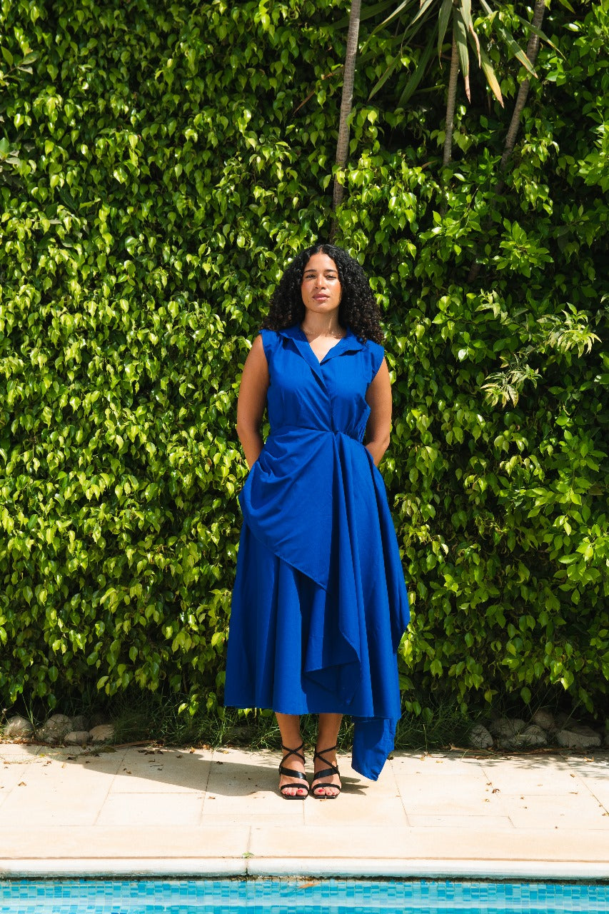 Azure Draped Collared Midi Dress