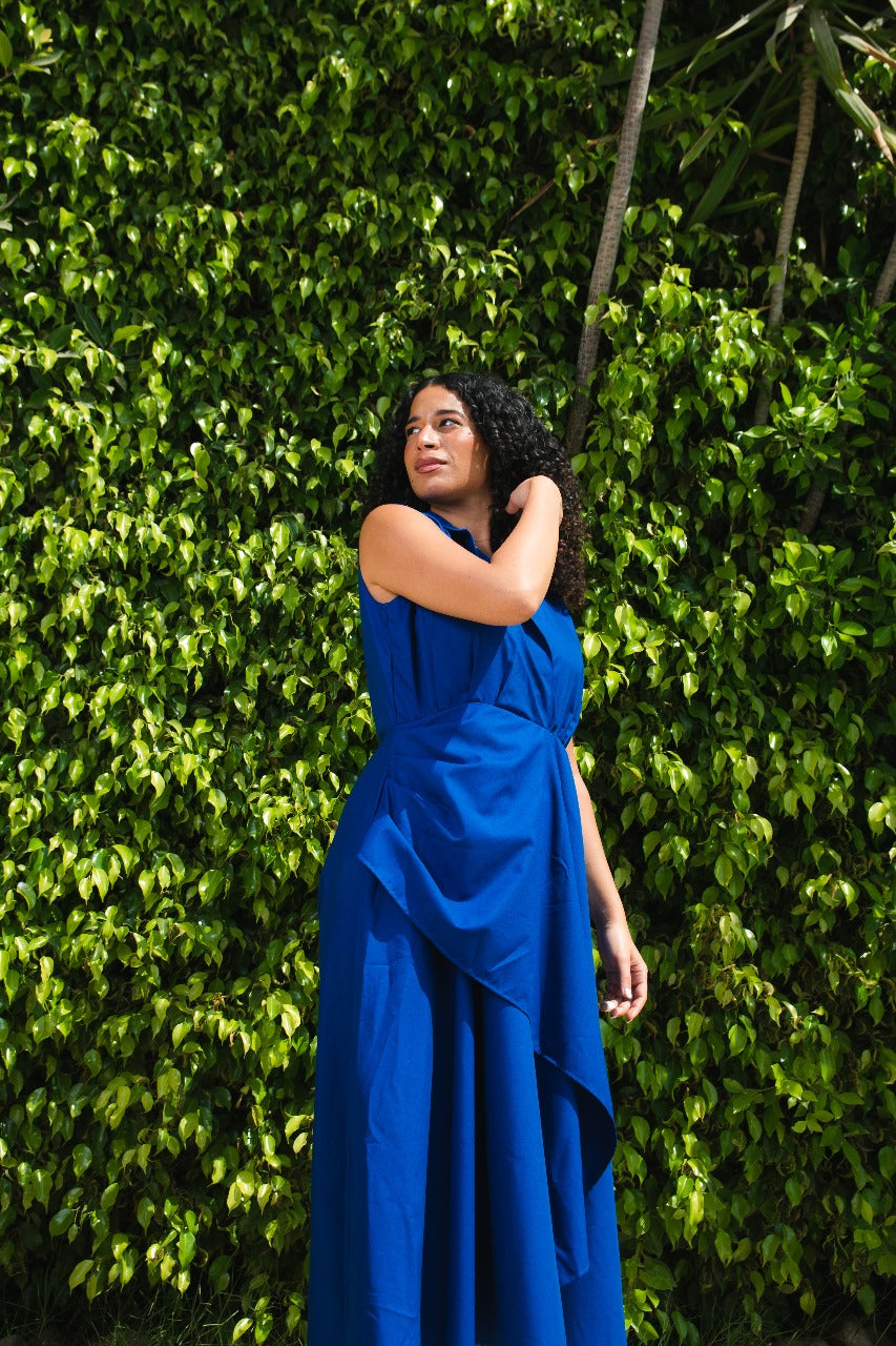 Azure Draped Collared Midi Dress