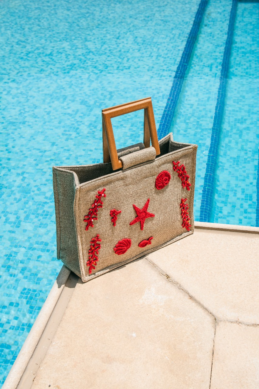 Seaside Crochet Embellished Jute Tote Bag (Red)