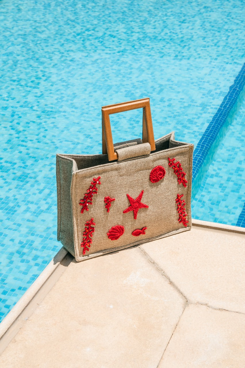 Seaside Crochet Embellished Jute Tote Bag (Red)